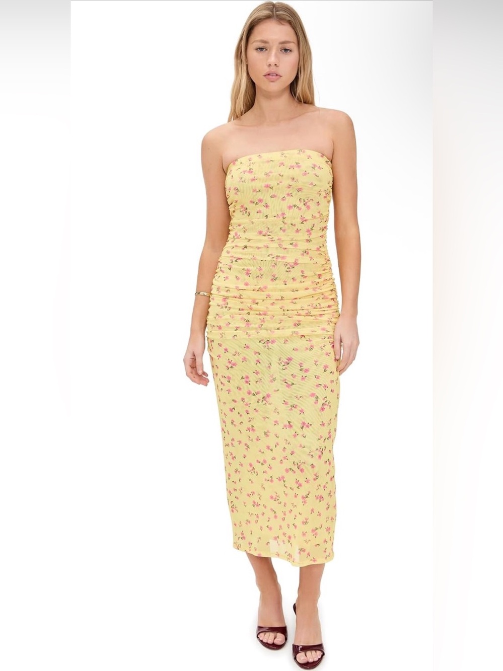 RESA Strapless Yellow Midi Dress with Pink Floral Print